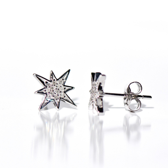 14K Solid Gold Diamond Starburst Earrings/Studs - Picture 2 of 8